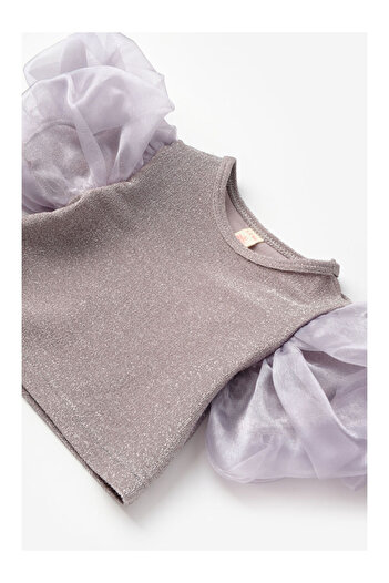 LC Waikiki Silver Sleeves Tulle Glitter Girls Crop Blouse