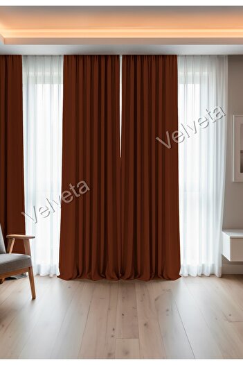 Velveta Modern Series Düz Pile Kadife Dokulu Fon Perde Kiremit