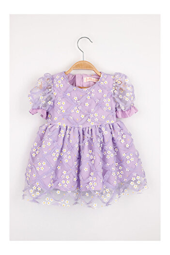 LC Waikiki Lilac Short Sleeve Daisy Tulle Girls' Dress - Hillary