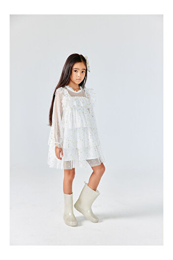 LC Waikiki Ecru Star Patterned Layered Girl's Dress - Felicia