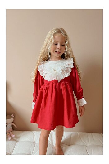 LC Waikiki Red Scallop Collar Linen Girls' Dress - Trinetta