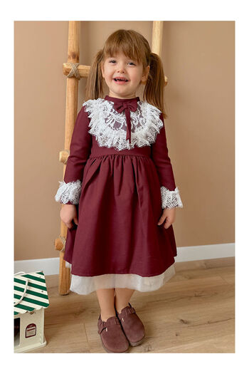 LC Waikiki Burgundy Lace Detailed Burgundy Girl's Dress - Gina