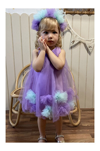 LC Waikiki Lilac Skirt Pompom Detailed Girls' Dress - Alexa