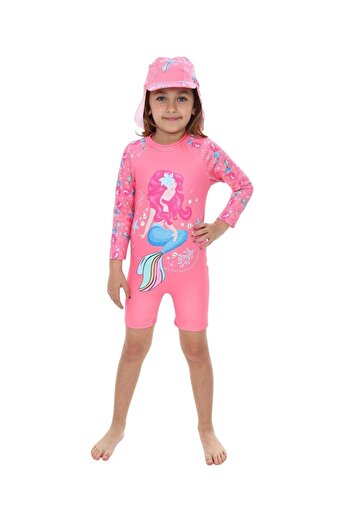 LC Waikiki Girls' Long Sleeve Swimsuit with Hat and Zipper