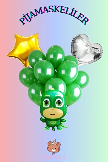 Zayna's Pijamaskeliler Themed Lizard Children's Printed Character Foil Balloon Set with Stars and Hearts