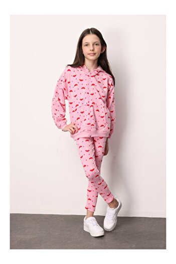 LC Waikiki Pink Patterned Hooded Girl's Tracksuit - Nell