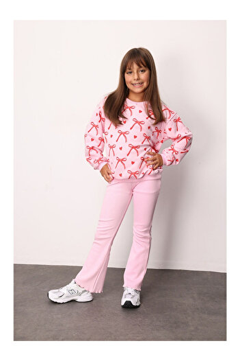 LC Waikiki Pink Bow Printed Girls' Tracksuit - Bonnie