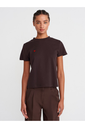 Dilvin 30584 Crew Neck Cotton T-Shirt-Dark Brown