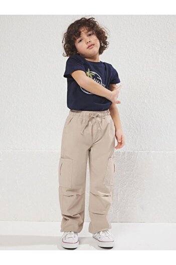 LC Waikiki Beige Boy's 100% Cotton Elastic Trousers with Pocket Detail