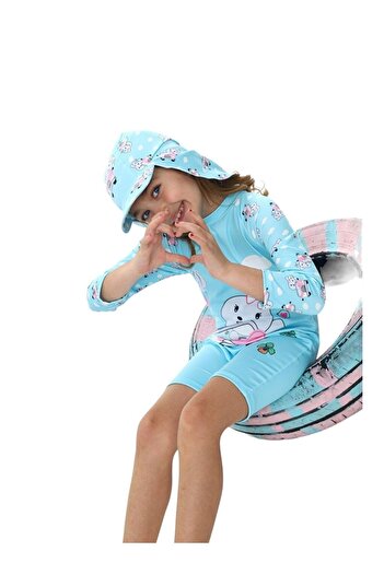 LC Waikiki Girls' Long Sleeve Swimsuit with Hat and Zipper
