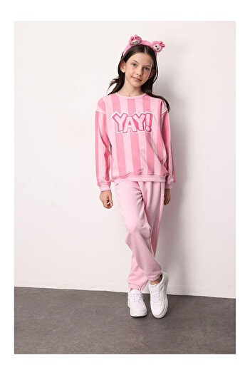 LC Waikiki Pink Bow Printed Striped Girls' Tracksuit - Phoebe