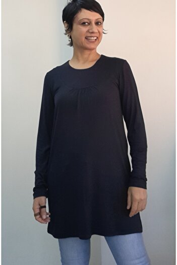Mertcan Butik Navy Blue Round-Front Drawstring Long-Sleeved Combed Viscose T-Shirt