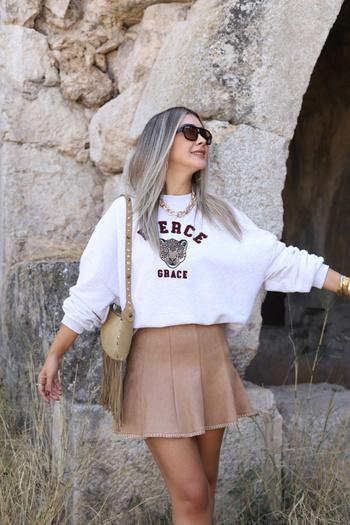 bytugcekaya Beige Zigzag Stitched Suede Skirt