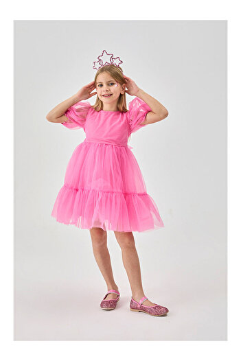 LC Waikiki Girl's Tulle Dress with Ruffled Skirt and Belt - Casey