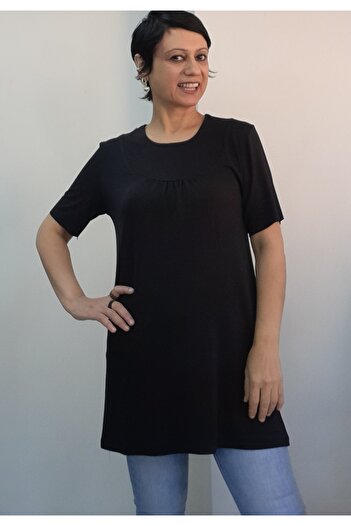 Mertcan Butik Black Front-Strap Round-Neck Short-Sleeved Combed Viscose T-Shirt