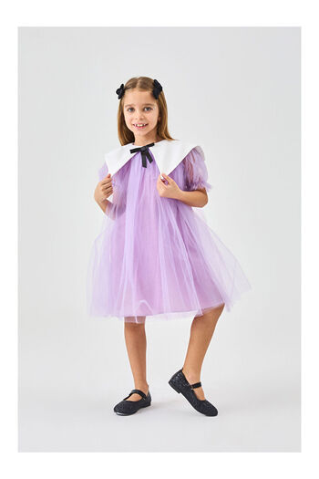 LC Waikiki Lilac Pointed Collar Girl's Tulle Dress - Nicole