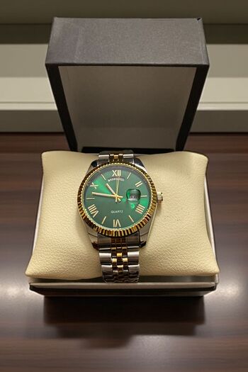 Eyiser Store Men's Steel Wristwatch - Emerald Green Roman Dial, Dual Calendar, Gold and Silver Band - Special Boxed