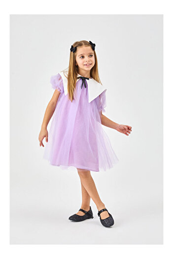 LC Waikiki Lilac Pointed Collar Girl's Tulle Dress - Nicole
