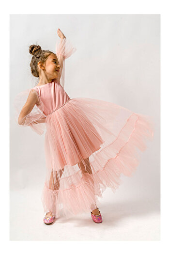 LC Waikiki Powder Sleeves Tulle Detailed Stoned Long Girl's Dress - Calla