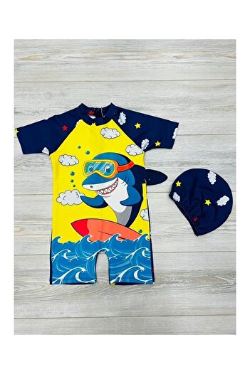LC Waikiki Sweet Dino Themed Bonnet Boys' Swimsuit