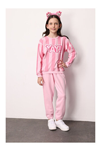 LC Waikiki Pink Bow Printed Striped Girls' Tracksuit - Phoebe