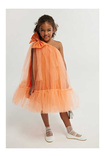 LC Waikiki Orange One Shoulder Bow Girls Tulle Dress - Orlene