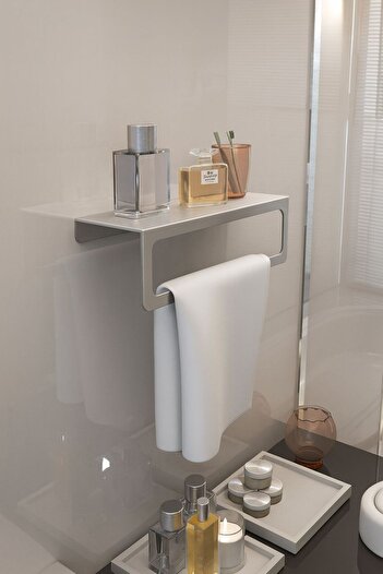 VENON SİLVER MAT Metal Raf Havlu Tutacağı Havlu Askısı Mutfak Banyo Raflı Havluluk Raflı Havluluk 30cm