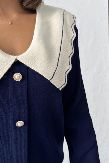 Lusin Women's Navy Blue Stylish Collar Detailed Buttoned Cardigan (New Color)