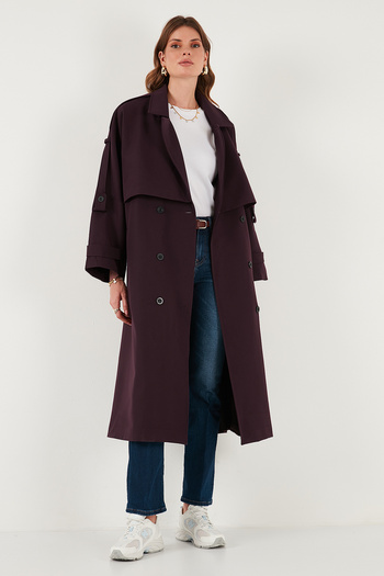Lela Oversize Fit Kruvaze Yaka Düğmeli Kemerli Uzun Trençkot TRENÇKOT 6839476