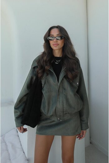 Havoş Haki Hilfers Suede Bomber Skirt Set