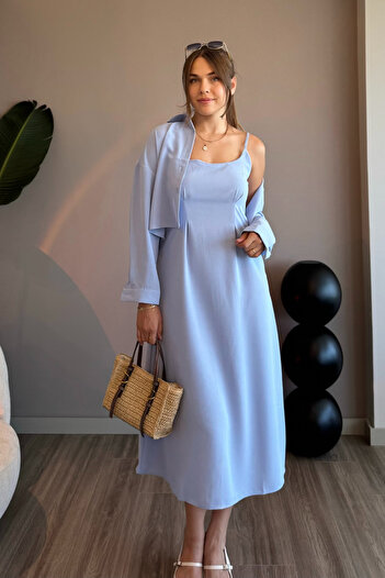 Aventien Blue Shirt Dress Two-Piece Set