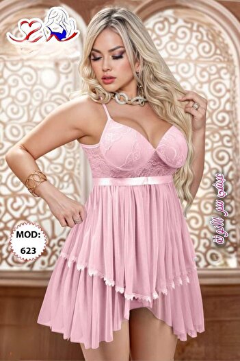 TREN Feminine Layered Lace Sleepwear Short Babydoll Nightgown Silk Waist Tie Elegant Lingerie Design