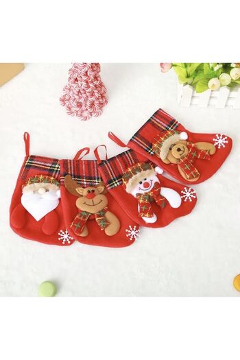 OEM Set 4 Christmas stockings, 3D model, Santa Claus, teddy bear, reindeer, snowman, felt, 15 cm, red