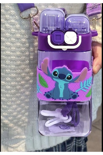Generic Stitch cartoon character water bottles for kids. Available in various colors for school and outings.