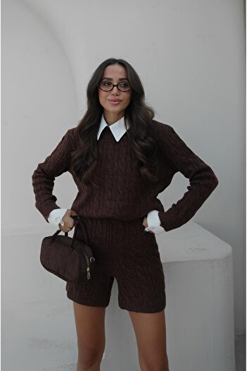 Havoş Bitter Brown Shirt Collar Sweater Shorts Set