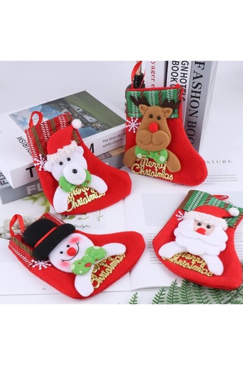 OEM Set 4 Christmas Stockings, 3D Santa Claus, Bear, Reindeer, Snowman, Felt, 16 cm, Red