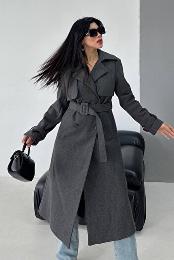 AKD Atelier Women's Coat Long Cashmere Belted Buttoned Pocketed Double Breasted Premium Coat