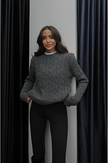 Havoş Anthracite Hair Braided Knitwear Sweater