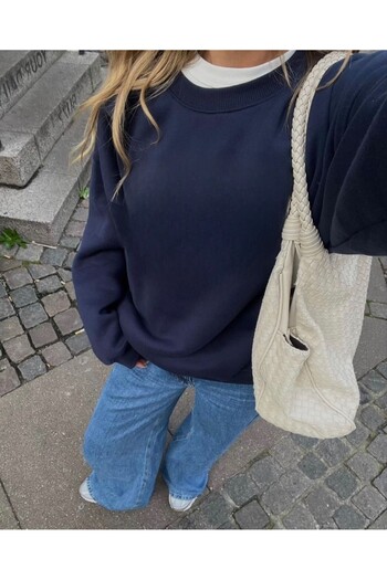 sole stories Women's Navy Blue Premium Oversize Cut Long Sleeve Sweatshirt