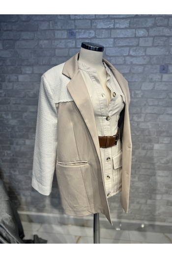 Maison MeDa Kadın krem keten tüvit mix blazer ceket