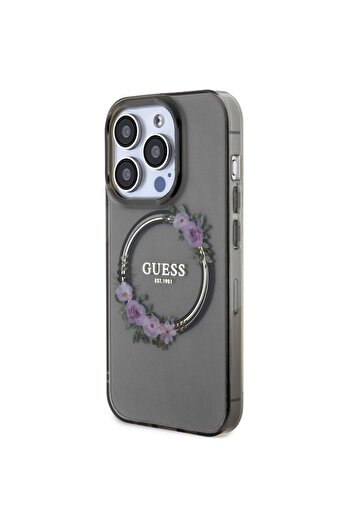 Guess Flowers Ring Logo Glossy MagSafe iPhone 15 Pro Case Black
