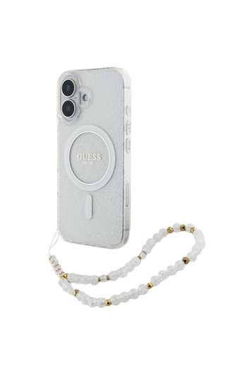 Guess Husa Glitter MagSafe Beads Strap iPhone 16 Transparent