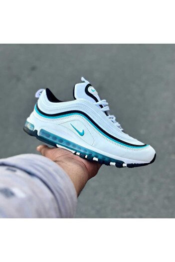 style iconic White & Aqua Blue Air Cushion Sneakers – Reflective Wave Design