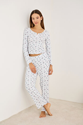 Siyah İnci White Floral Print Ribbed Camisole Lace Trim Knitted Pajama Set 7946