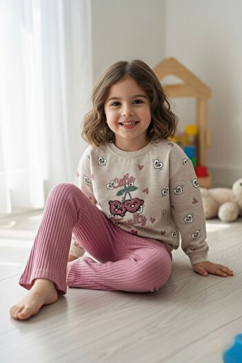 Minigimin Cicileri My Little Girl's Suit with Cherry Punch Embroidery Detail and Elastic Waistband - Plum