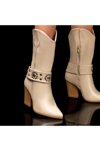 BMoD Women's beige cowboy boots with a thick heel and a zipper MOD06949