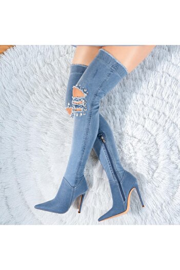 BMoD Ghete lungi de damă din denim albastru cu strasuri aplicate MOD10420