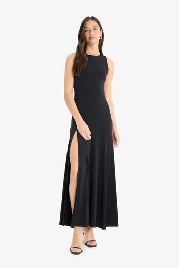 DeFacto Crew Neck Slit Sleeveless Maxi Black Summer Dress F6042Ax25Sm