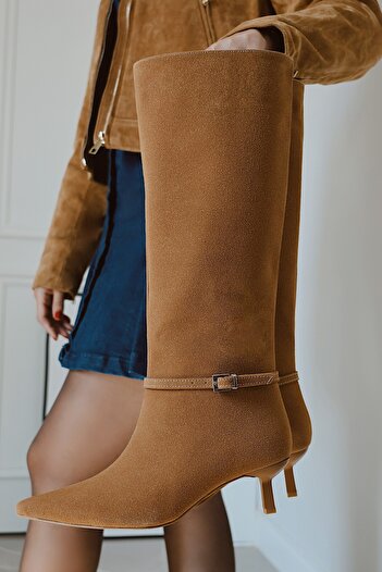 POLKA STORE Fall Kitten Heel Below-The-Knee Pointed Toe Piping Tape Detailed Matte Leather Women's Boots