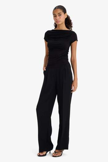 DeFacto Slim Fit Tight Fit Boat Neck Off-The-Shoulder Black Short Sleeve T-Shirt F9567Ax25Hs